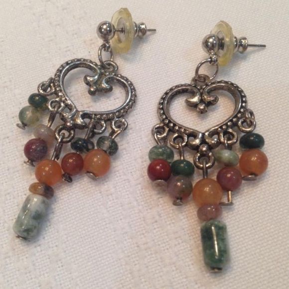 Vintage Jewelry - Vintage Silver Dangling Earrings With Multi Color Beads Boho